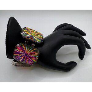 Chunky Rainbow Vitriol Glass Stretch Bracelet - Rectangular Panels - Silver Tone